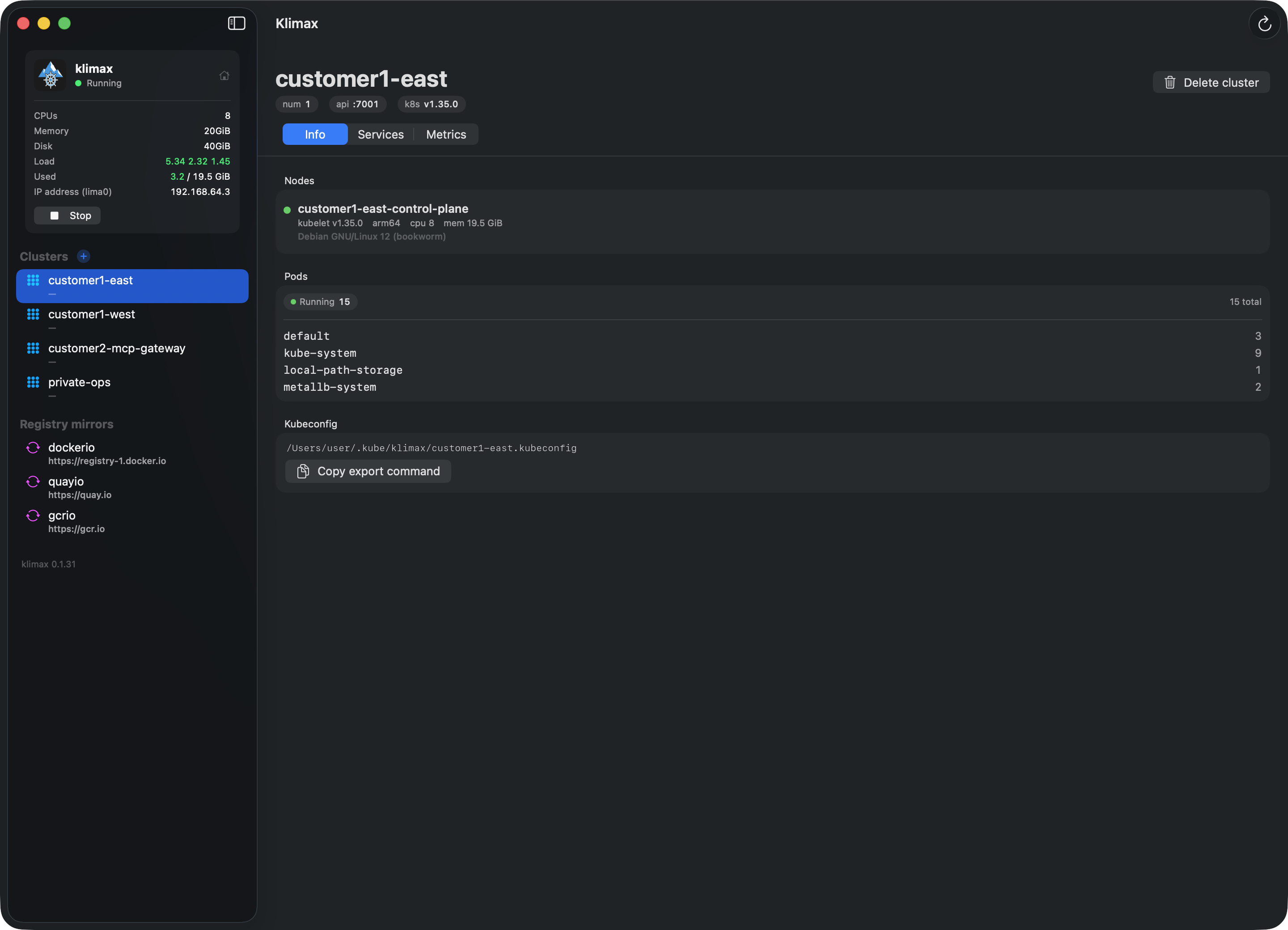 klimax-ui cluster Info tab: nodes, pods by namespace, kubeconfig path, and the last-action log