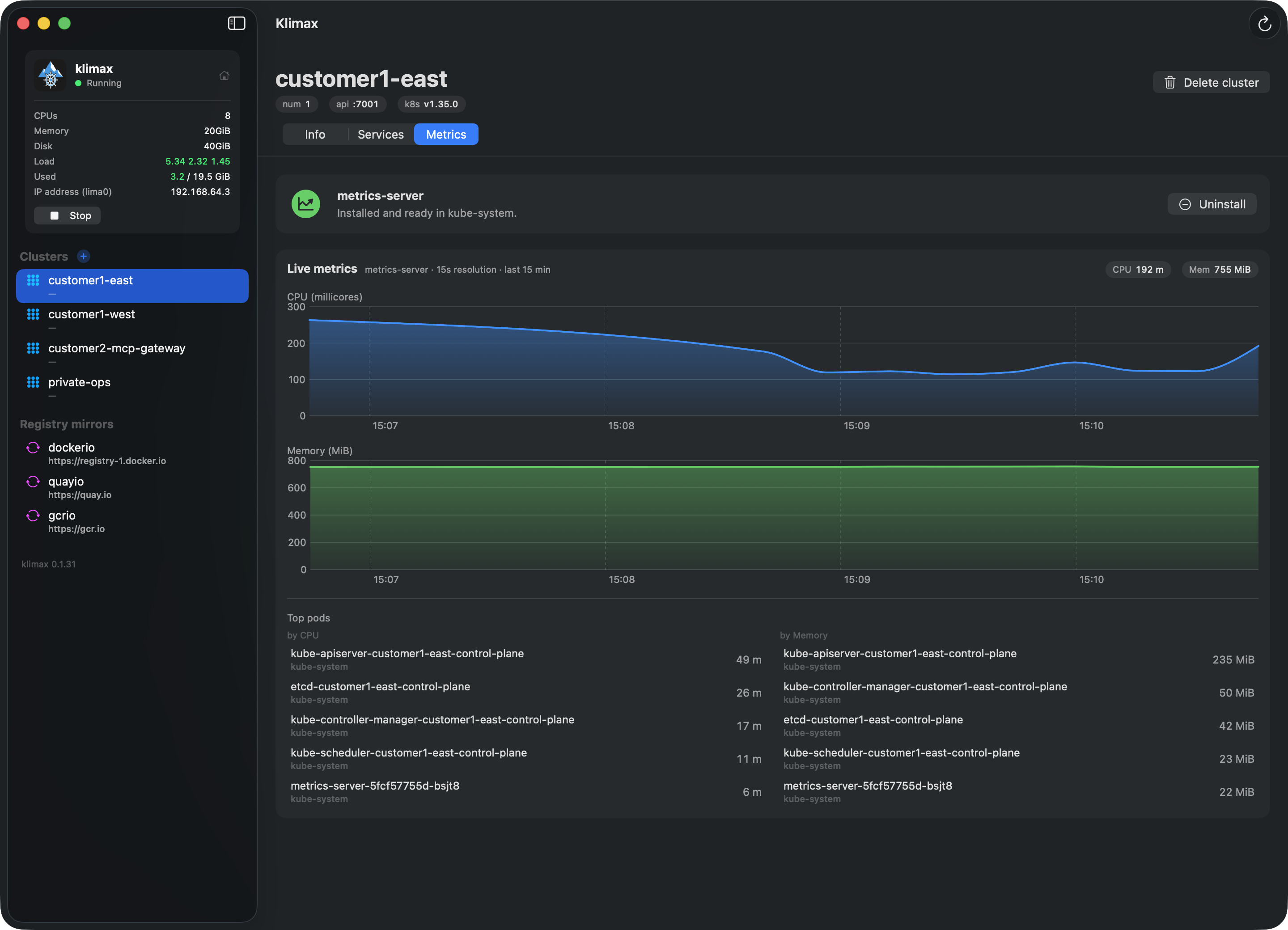 klimax-ui cluster Metrics tab: live CPU and memory charts with top pods by CPU and memory