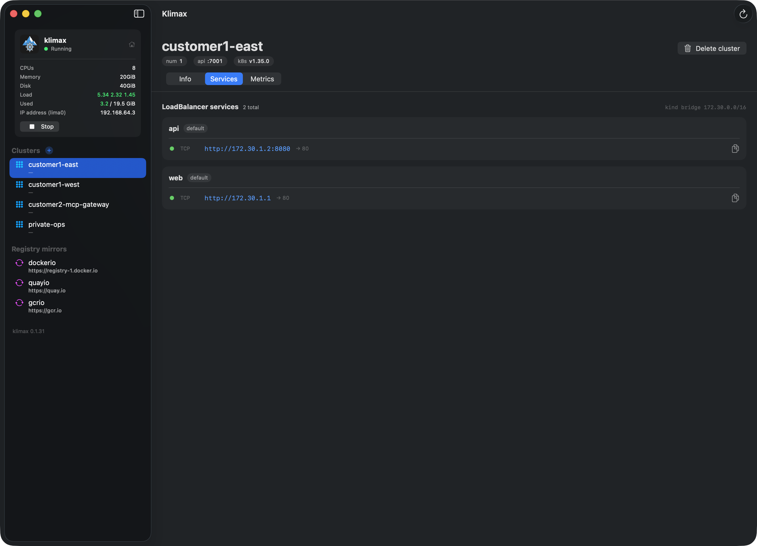 klimax-ui cluster Services tab: LoadBalancer VIPs with their real, clickable IPs