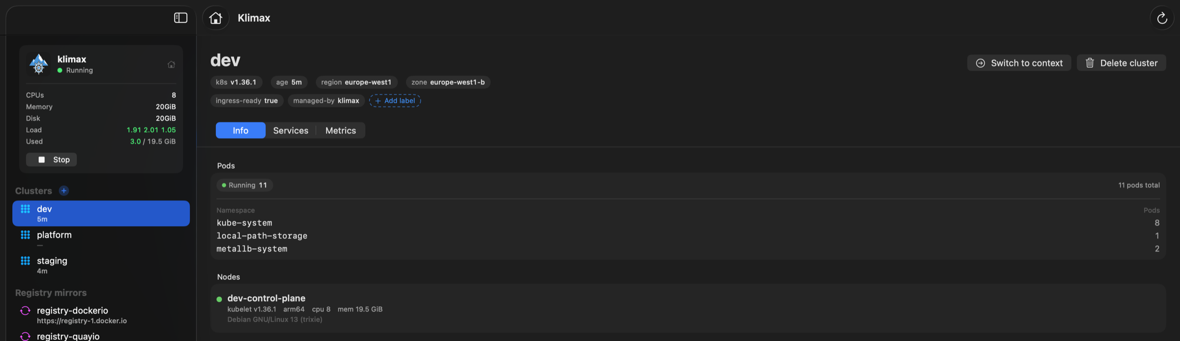 Klimax UI cluster view: the dev cluster with its Kubernetes version, region and zone labels, pod counts per namespace, and node details