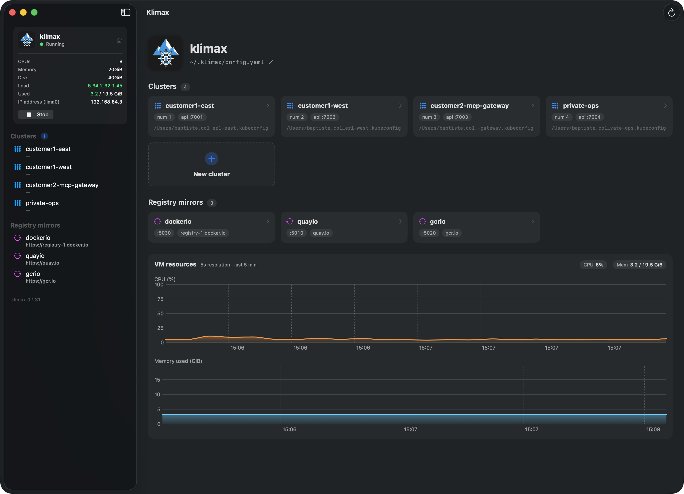 Klimax UI home view: cluster grid, registry mirrors, and live VM CPU and memory charts in a native macOS window